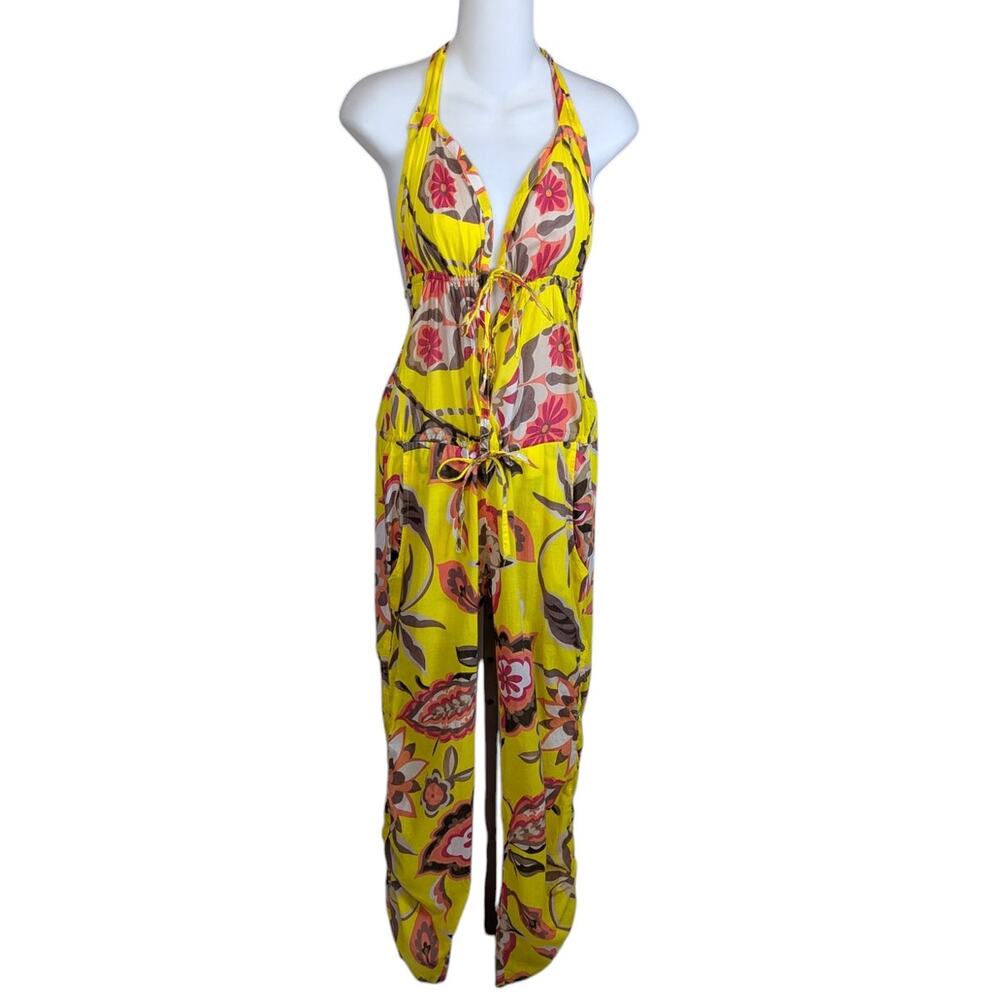 Myskova Floral Print Lightweight Jumpsuit Swim Coverup Yellow Size 1